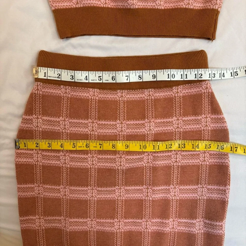 Pink and Tan Brown Plaid Tartan Knit Skirt Set- Cropped Tank Top and Skirt - Picture 7 of 8